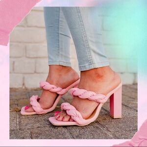 Pink Braided Double-Strap Block Heel Mules